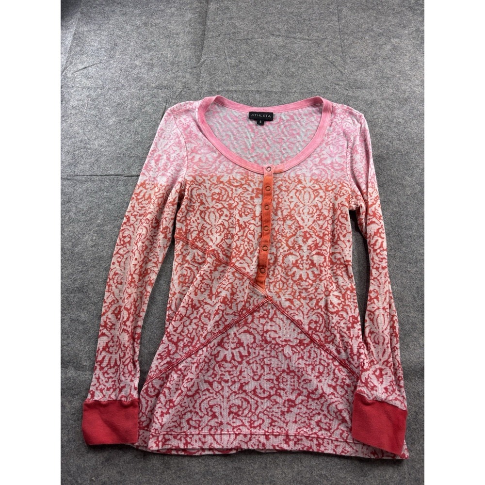 Athleta Womens S Henley Waffle Knit Long Sleeve Stretchy Floral Y2K 00s Hippie
